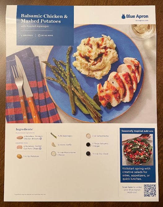 Recipe card for Balsamic Chicken & Mashed Potatoes from Blue Apron
