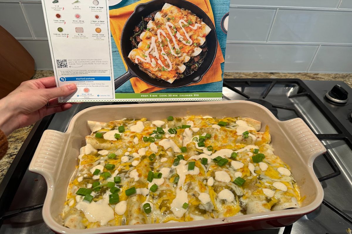 Cooked beef enchiladas in a casserole dish.