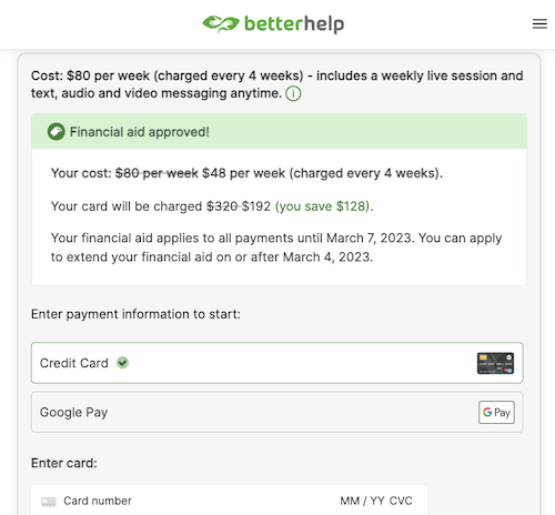 A BetterHelp payment screen showing discounted therapy of $192 per month for the course of three months with financial aid.