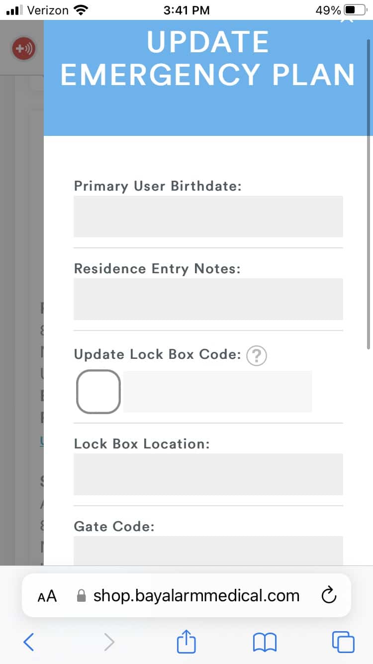 Update Emergency Plan form in the Bay Alarm Medical app.