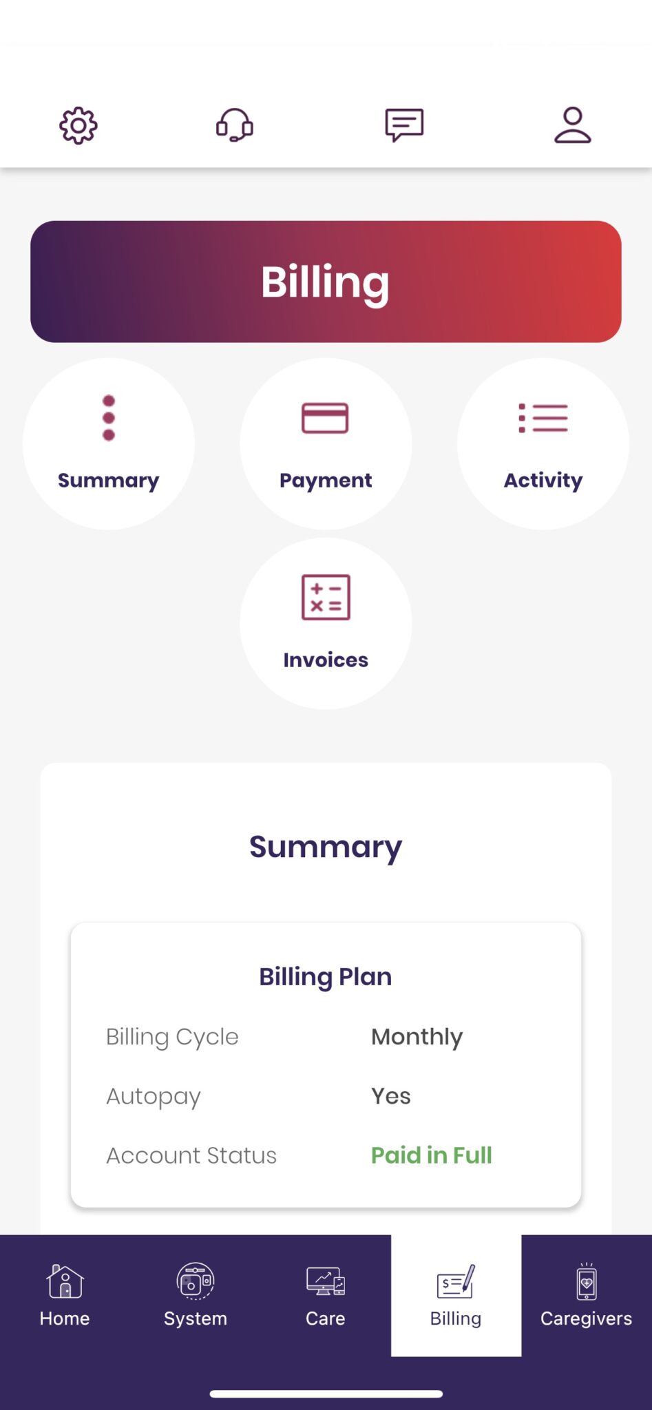 Billing dashboard in the Medical Guardian app.