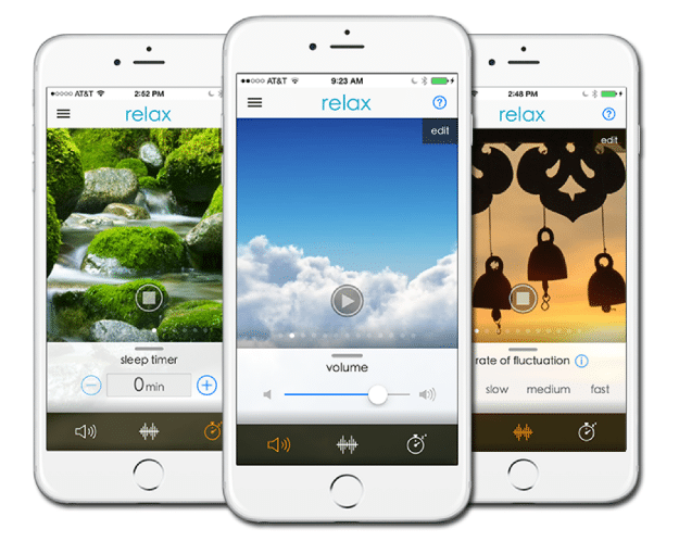 Three iPhones displaying the Starkey Relax app interface