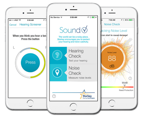 Three iPhones screens displaying the Starkey SoundCheck app features