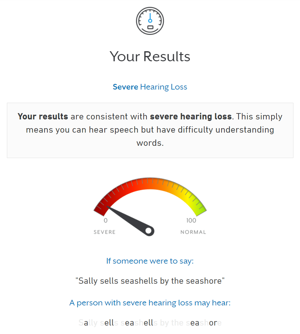 Results from the Starkey online hearing test reports severe hearing loss on a dashboard