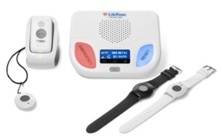 LifeFone base station, mobile system, help button necklace, and two help button wristbands