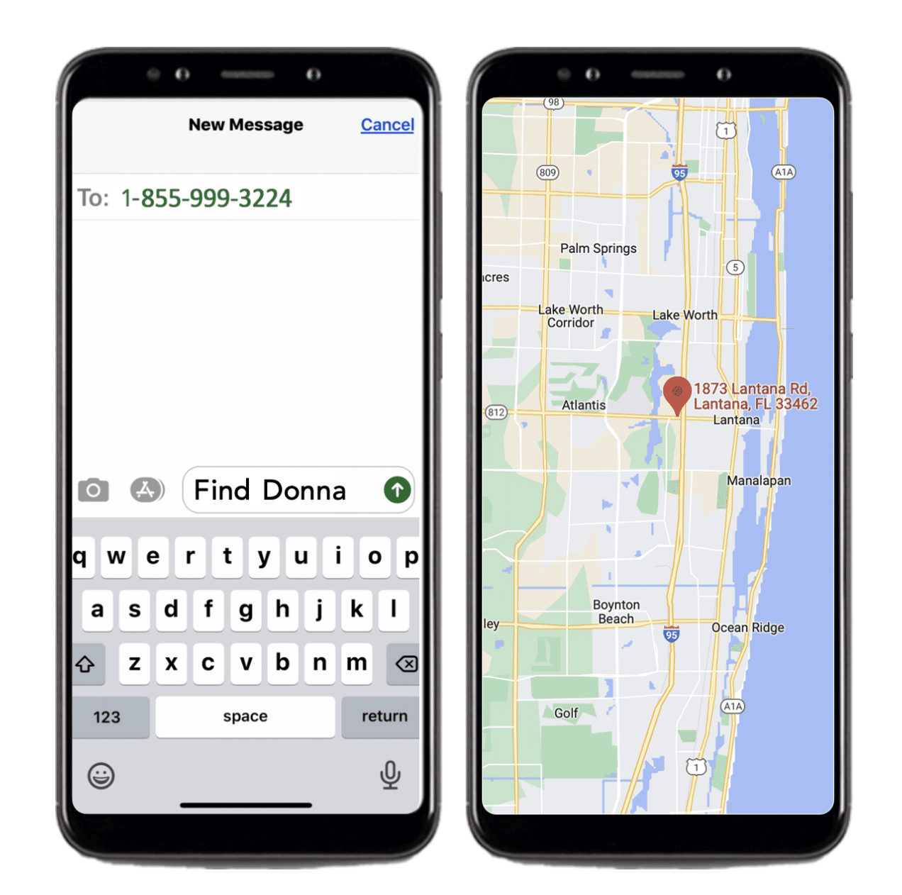 A phone displaying text that reads “Find Donna” and another phone showing the LifeFone location tag for Donna in Google Maps