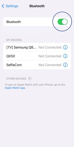 Screenshot of iPhone settings for Bluetooth pairing with the toggle button for Bluetooth circled