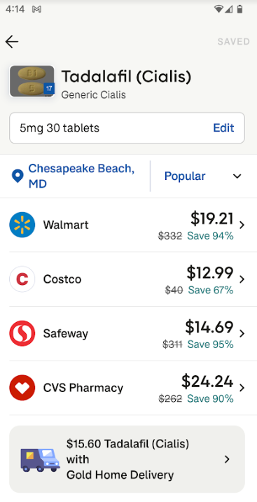  A screenshot of the different costs of and places to fill a prescription for Tadalafil