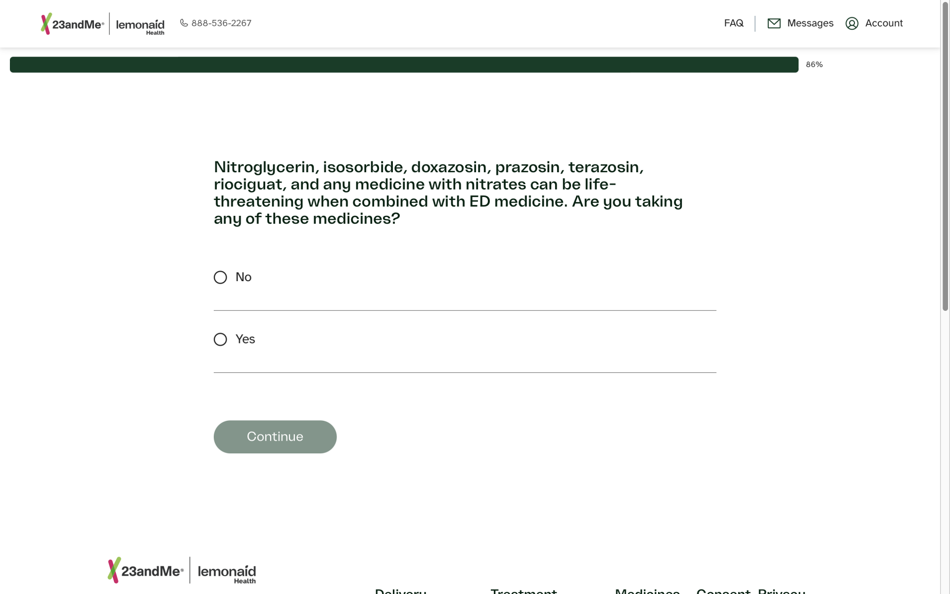 Screenshot of Lemonaid Health new-patient form with question about medications that contain nitrates which can be harmful when combined with erectile dysfunction drugs
