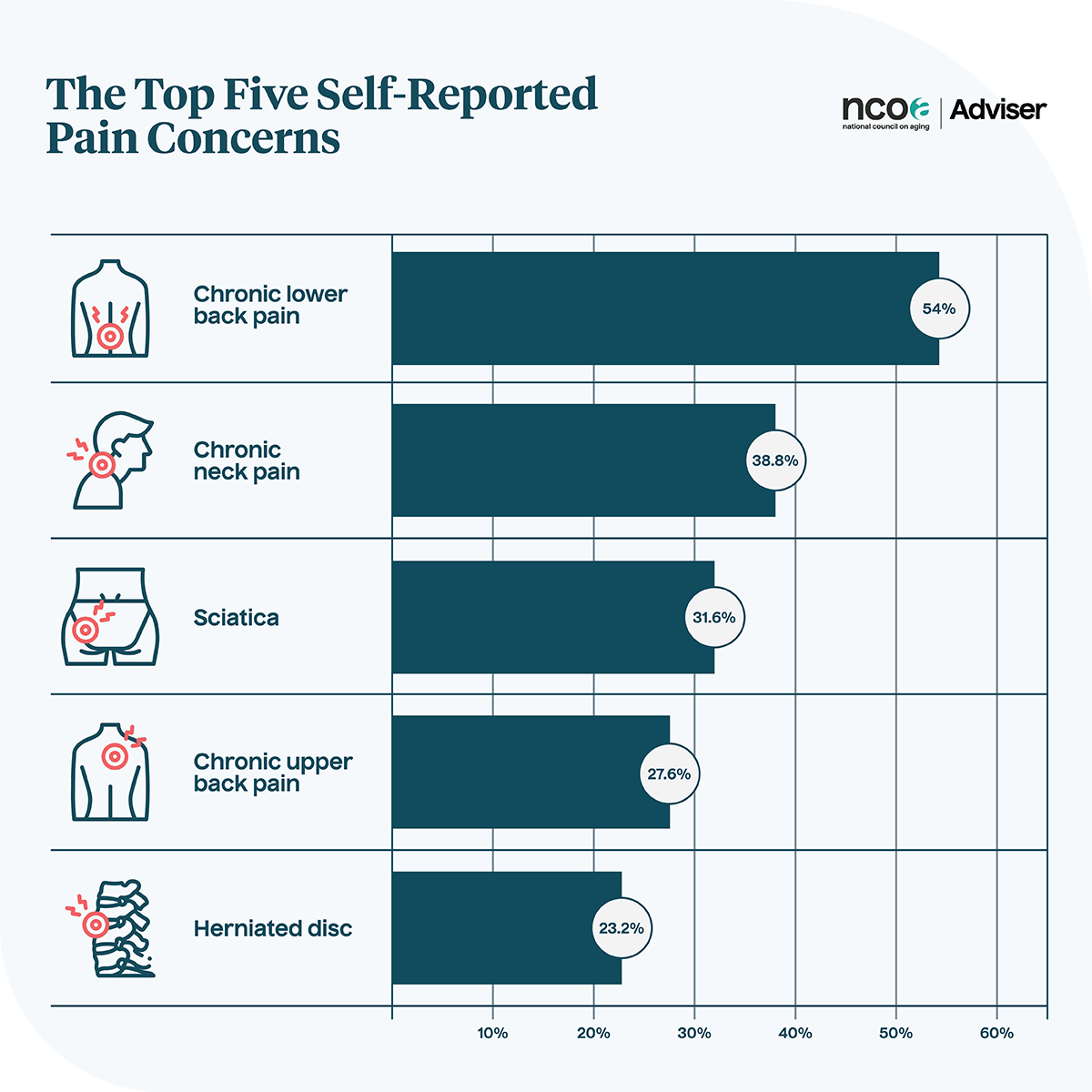 Chart listing the top five self-reported pain concerns
