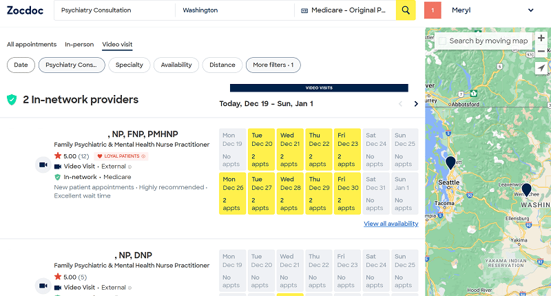 A Zocdoc search results page showing two in-network providers for Medicare in Washington state.