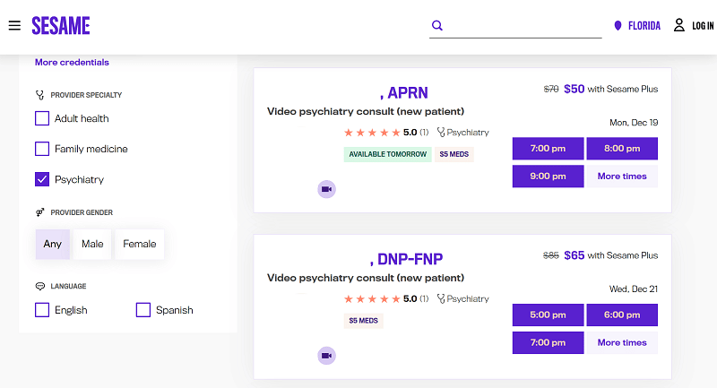 A search results page on Sesame for a video psychiatry consultation in Florida, showing provider costs and available appointment times for new patients.