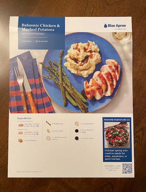 Recipe card for balsamic chicken with mashed potatoes and asparagus