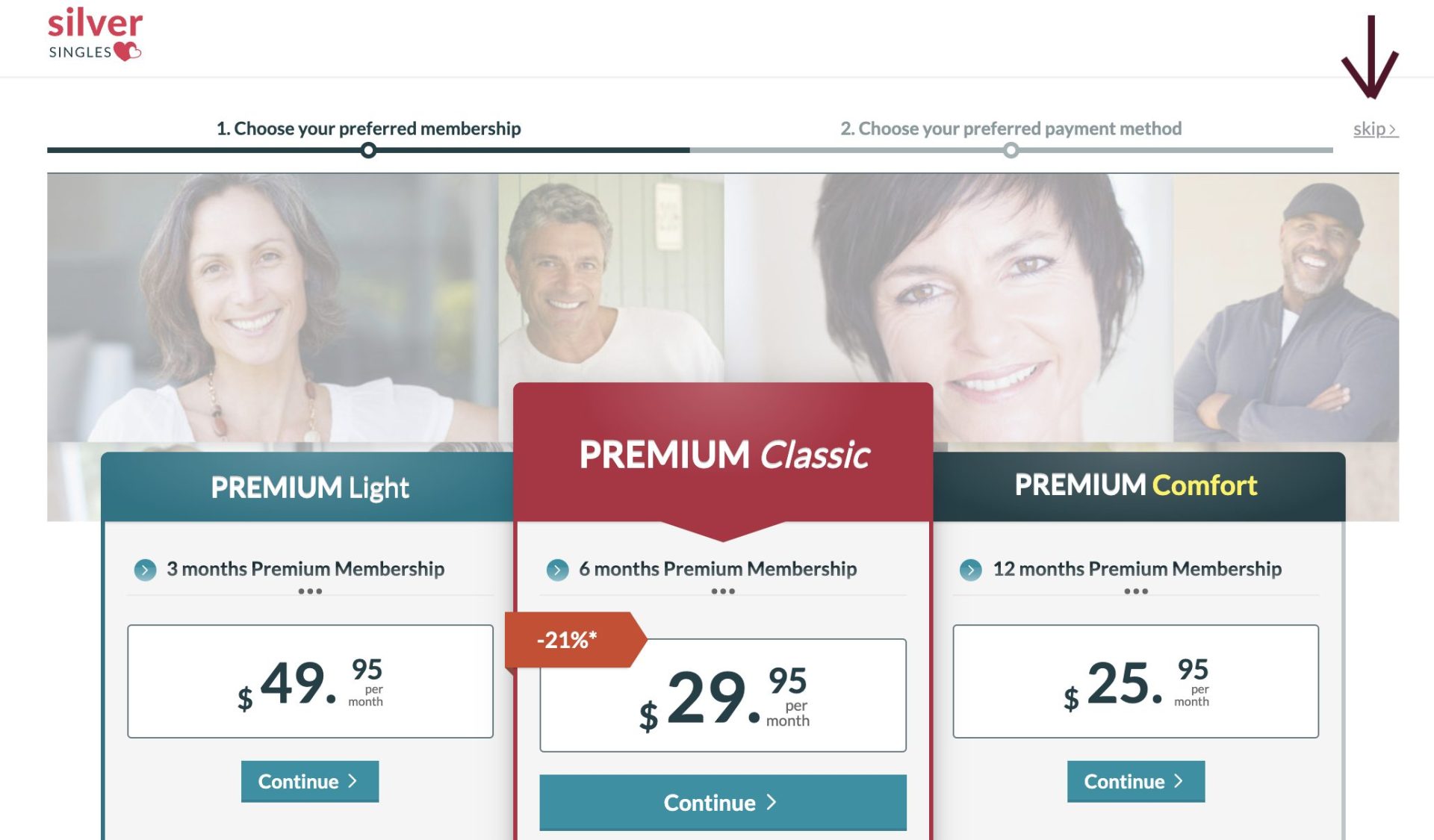  SilverSingles subscription page with three membership options at different monthly costs and a hidden free membership option. 
