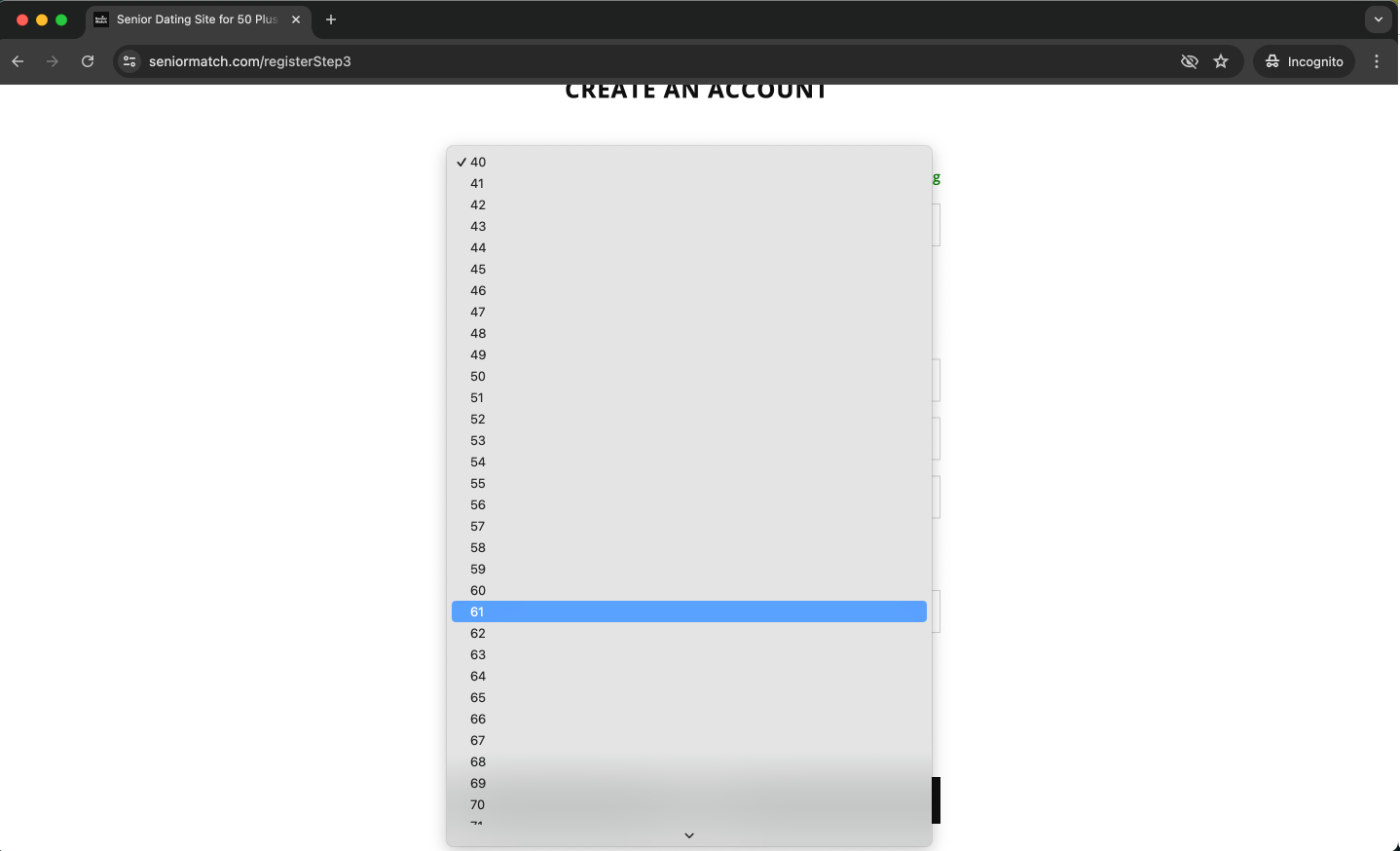 SeniorMatch sign-up form age selector.