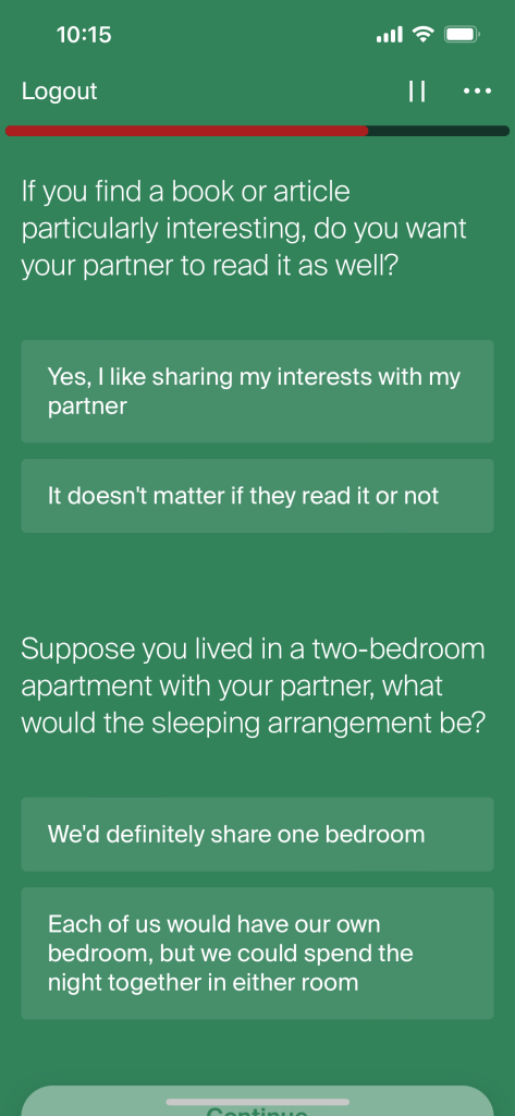 Two questions on the eHarmony compatibility quiz.