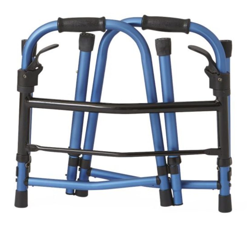 The Medline Blue Compact Folding Paddle Walker With Wheels folded up for storage
