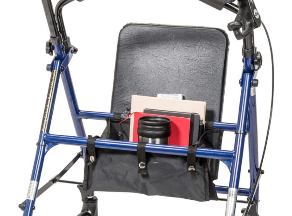 The Drive Medical Folding Steel Rollator With 6-inch Wheels and its storage compartment on display