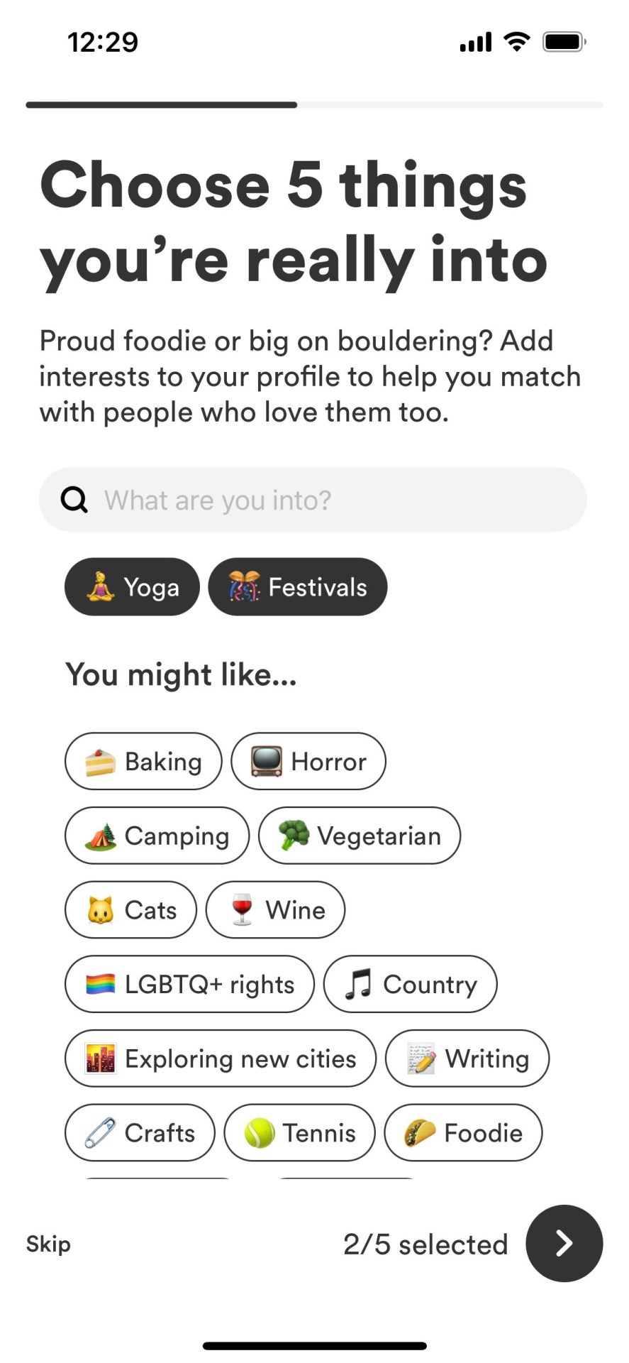 Bumble provides new users with a list of interests to choose five to add to their dating profile.
