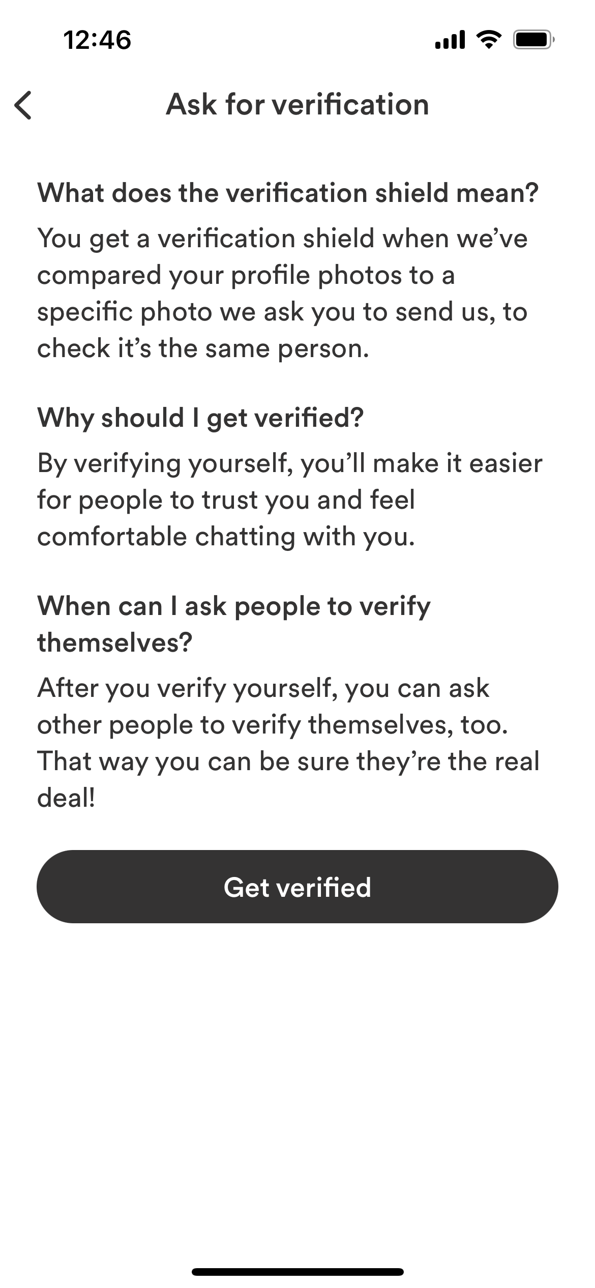 Screenshot from the Bumble app asking users if they want to verify their photo for safety. 