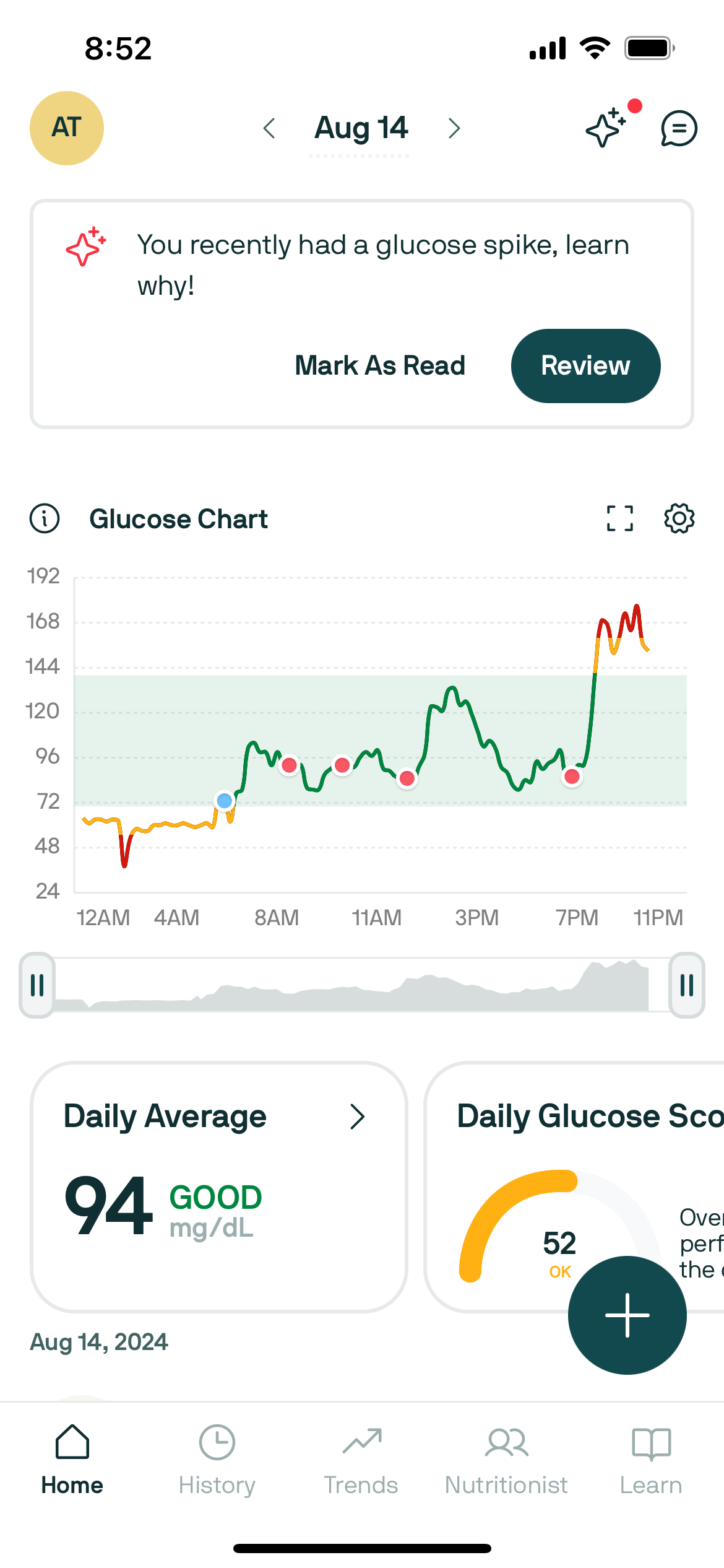 A screen showing the Nutrisense app tracking glucose levels through the day.